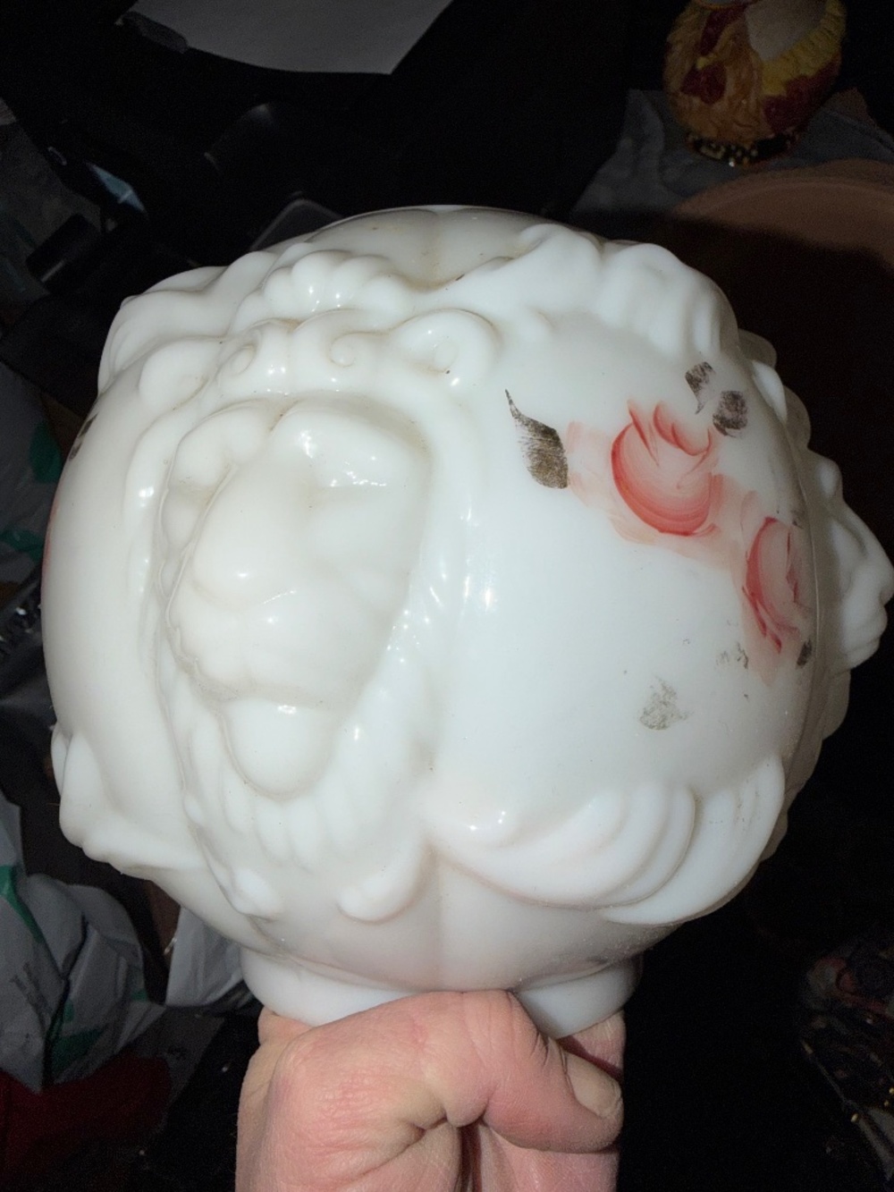 Vintage Milk Glass Lamp Shade with Lion Heads and Floral Design (Gone with the w